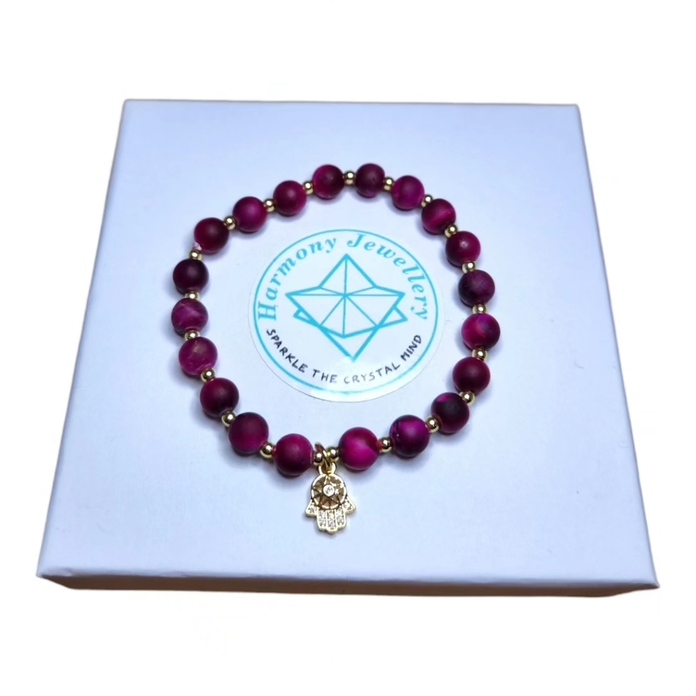 6 mm Pink Tiger Eye Hamsa Hand Bracelet
